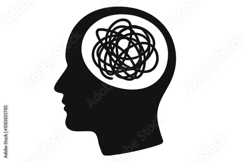 Human head silhouette with tangled scribble. Psychotherapy concept for psychological trauma, mood disorder, stress, anxiety. Mental health, psychology and brainstorming vector.