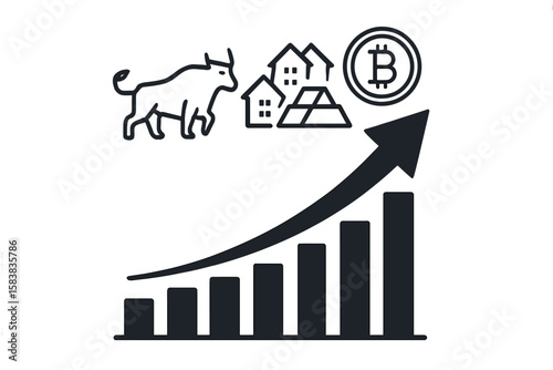 Bull Market Growth Bar Chart with Upward Arrow, Real Estate, Gold, Bitcoin, Stock Market Success, Investment and Finance Concept, Vector Illustration