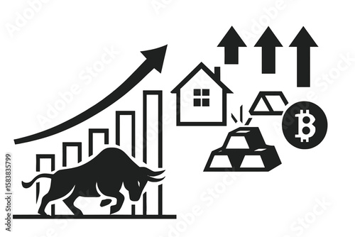 Bull Market Financial Growth Vector Illustration – Rising Stock Chart, Real Estate, Gold, Cryptocurrency, Investment Success, Economic Boom, Upward Trend, Transparent Background