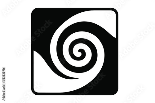 Abstract spiral swirl icon. Modern geometric vector logo element. Black and white minimalist shape design. Hypnotic vortex wave symbol in a square frame. Simple graphic sign.