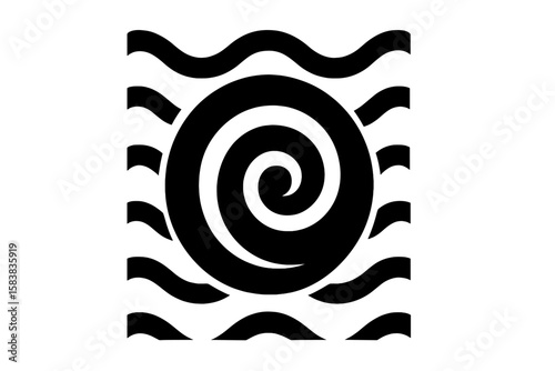 Modern abstract spiral wave symbol. Geometric black and white icon with circle and waves. Vector graphic for logo design, pattern, or decorative element. Hypnotic vortex.