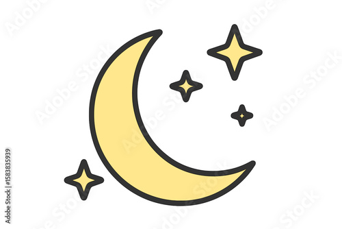 Crescent moon and stars flat icon. Simple yellow celestial symbol for night, sleep, or weather. Isolated vector illustration for web, app, or print design.