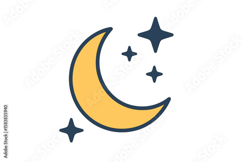 Moon and stars flat icon. Night sky symbol. Crescent moon for weather, sleep, or dream concepts. Simple celestial vector illustration. Astronomy, bedtime graphic.