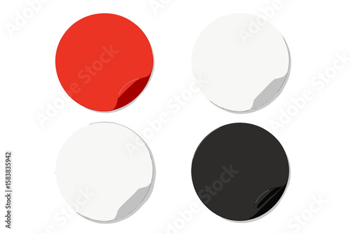Set of round paper stickers with rounded edges and adhesive backing, featuring red, white, and black colors with peeling corner and shadow effect, isolated plastic sticker mockup