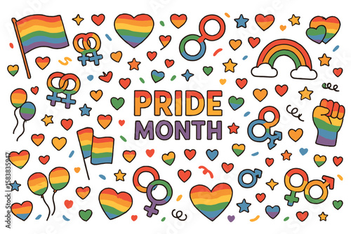Seamless Pattern Banner for Pride Month Celebration with Rainbow Flags, Hearts, Balloons, Gender Symbols, and Festive Elements – Colorful LGBTQ+ Vector Illustration for Social Awareness and Equality