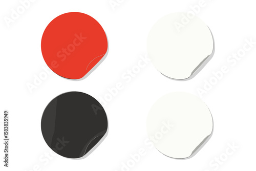 Realistic Round Paper Stickers Set with Peeling Corners, Red, Black, and White, Isolated Vector Mockup, Adhesive Circular Labels, Blank Template for Branding, Packaging, Design, Shadow Effect