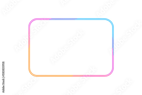 Colorful glowing neon rectangle with rounded edges. Luminous light frame or border collection. Abstract retro futuristic led lamp tube sign for banner, poster, or club design.