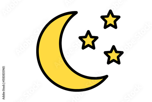 Crescent moon and stars flat icon. Night sky weather symbol. Sleep, dream, bedtime concept. Simple cute cartoon vector illustration for kids isolated on transparent background.