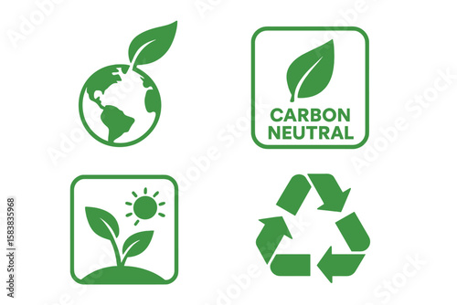 Eco green icon set. Carbon neutral and recycling symbols. Sustainable environment and nature concept. Ecology, organic, and renewable energy vector signs illustration.