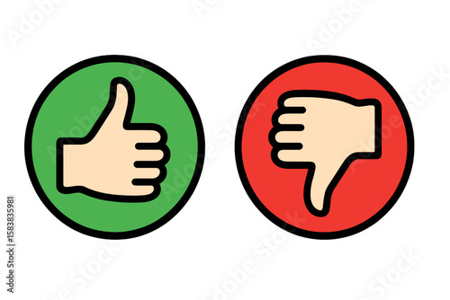 Colorful Valuation Thumbs Up and Down Icons in Circular Buttons, Vector Transparent PNG and Illustration, Approval and Feedback Symbols, User Rating Elements