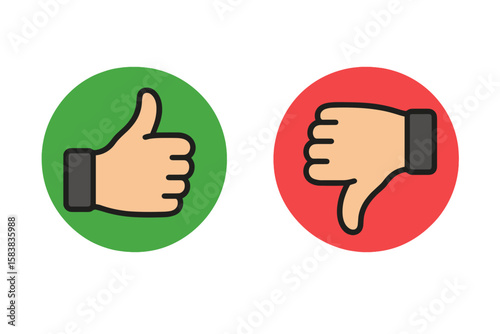 Thumbs Up and Down Vector Icons, Positive and Negative Feedback, Approval and Disapproval Symbols, Green and Red Circular Buttons, Hand Gestures, Social Media Rating, Flat Design Illustration