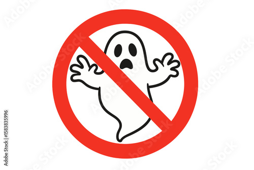 No ghost zone sign. Funny Halloween cartoon in a red prohibition symbol. Paranormal activity forbidden. Anti-ghost warning icon. Spooky cute creature banned vector.