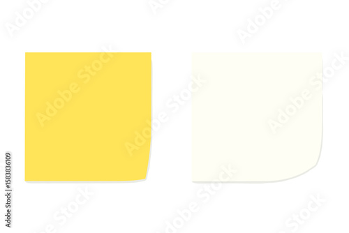 Yellow and white sticky notes vector illustration. Blank adhesive paper for reminders and messages. Isolated 3D office supplies on a transparent background. Memo mockup.