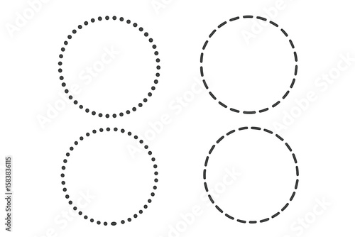 Set of round dotted circle frames and dashed line circle shapes, elegant dotted and dashed round borders, decorative circular vectors and transparent PNG illustrations