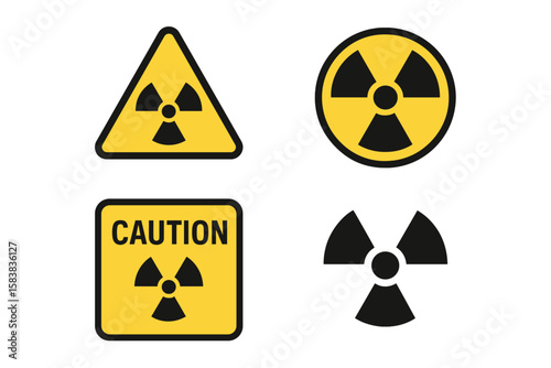 Radioactive Hazard Warning Icon Set, Radiation Caution Symbols, Nuclear Danger Signs, Vector and Transparent PNG, Industrial Safety Alert, Isolated Yellow and Black Icons Collection