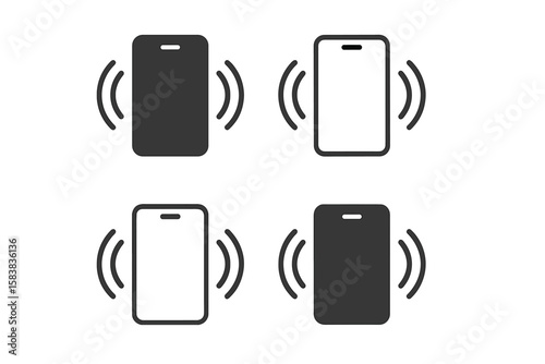 Phone vibration and ringing icon set. Smartphone ringtone symbols. Mobile phone call, notification or alert signs. Solid and line style vector pictograms for web or app UI.