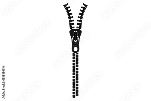 Vertical Zipper Silhouette Icon. Opened Zipper Puller. Clothing Fastener Mechanism. Fashion Accessory Symbol. Black Isolated Vector Illustration. Garment Detail. Seamless Closure Concept.