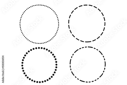 Set of round dotted circle frames and shapes, dashed and dotted line circle borders, transparent vector illustration collection for design and decoration elements