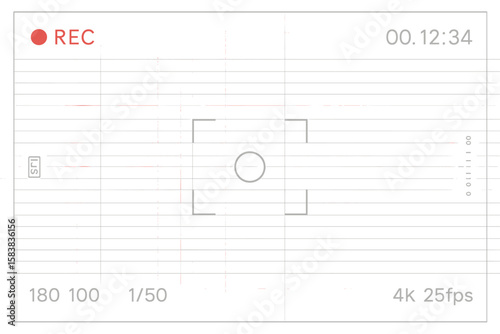 Digital camera viewfinder display screen frame with recording interface overlay, UI elements, information indicators, and futuristic camera recording screen template for photo and video shooting