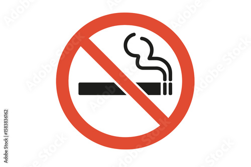 Universal No Smoking Sign Vector Illustration. Prohibition Symbol for Cigarette Smoking. Red Circle with Diagonal Line. Health Warning Icon. Transparent Background. Editable Stock Graphic.