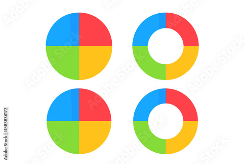 Set of colorful pie charts and donut charts. Segmented circle diagrams for infographics. Data visualization elements for business, finance, and statistical reports. Vector icon.