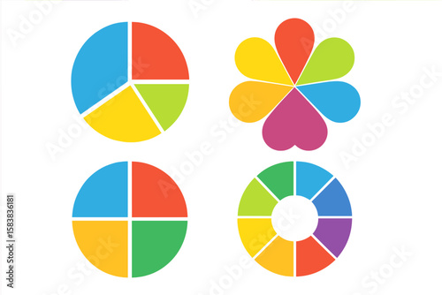 Colorful Pie Chart Set with Segmented Circle Icons, Infographic Flower and Round Diagrams, Equal Parts Division, Percentage Wheels, Wheel Segments and Fractions for Data Visualization