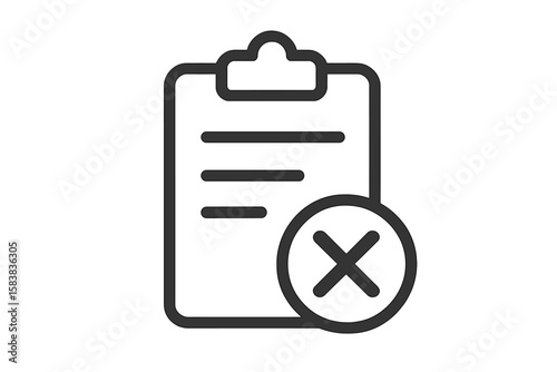 Rejected Document Icon, Clipboard with Cross Mark, Paper Denied Symbol, Document Rejection Vector, Office Administration, Application Refusal, Isolated Outline, Transparent Background Illustration