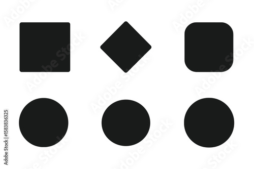 Modern Geometric Shapes Icon Collection—Black Square, Diamond, Rounded Square, and Circle Silhouettes, Minimalist Vector Set for UI, Web, App, and Graphic Design