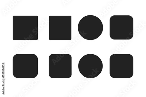 Minimalist Geometric Shapes Icon Set—Squares, Circles, Rounded Squares, Simple Modern Black Silhouettes, Vector Illustration, Transparent Background, Versatile Design Elements for UI and Web