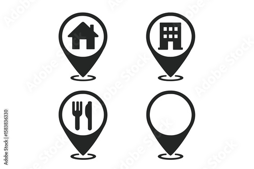 Set of Map Pin Icons, Location Marker Collection, GPS Point Map with Home, Work, Restaurant Address Symbols, Transparent Background, Vector PNG
