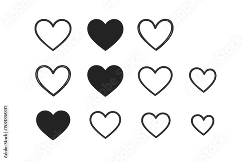 Hand-drawn heart doodle icon set. Vector collection of love symbols. Line art and solid silhouettes. Cute romantic sketch for Valentine's Day, wedding or scrapbook design.