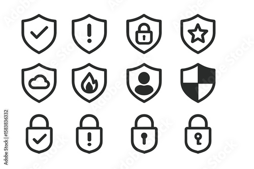 Security icon set with shield and lock symbols. Vector line art for web and app design. Concepts of protection, privacy, safety, firewall, data, cloud, and user access.