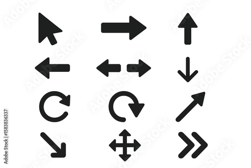 Set of black vector arrow icons. Flat style collection of cursor, pointer, and navigation symbols for web, app, and UI/UX design. Refresh, move, next, and direction signs.