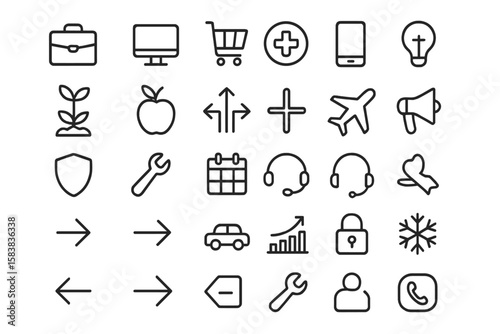Universal line icon set for web and mobile. Business, travel, technology, and shopping symbols. Minimalist outline pictograms for user interface design and infographic elements.