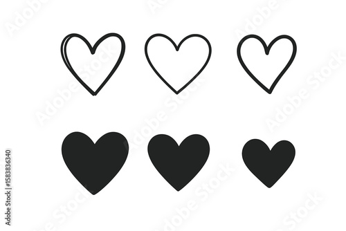 Set of heart icons collection, hand-drawn and solid heart shapes, line art and filled love symbols, transparent PNG and vector illustration pack for romantic and decorative designs