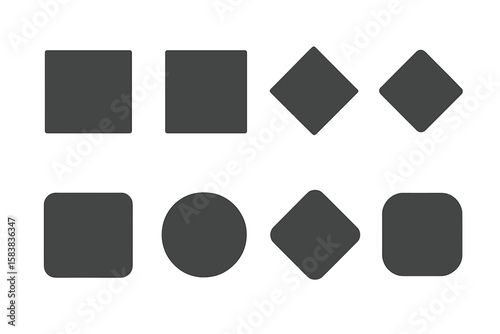 Collection of basic geometric shapes with sharp and rounded corners. Icon set of squares, circles, and diamonds. Simple, minimal graphic elements for logos, buttons or symbols.