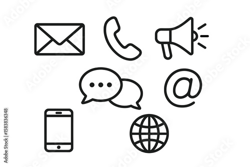 Communication icon set for business. Contact us line icons. Customer service and support symbols. Phone, email, chat, web, and marketing vector signs collection.
