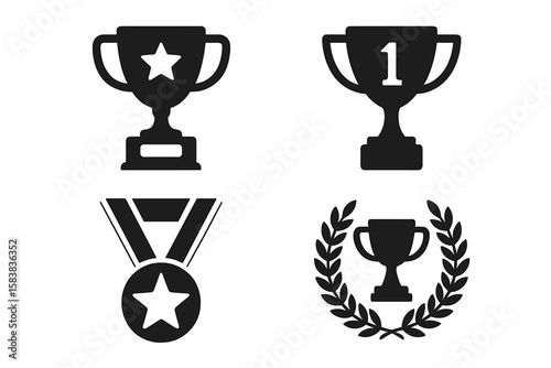 Award trophy icon set. Victory prize and winner medal symbols. First place success achievement concept. Black silhouette vector illustration of a cup and laurel wreath design.