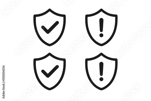 Shield Icon Set with Check Marks and Exclamation Points, Security and Protection Symbols, Safety and Warning Signs, Transparent PNG and Vector Illustrations for UI and Design