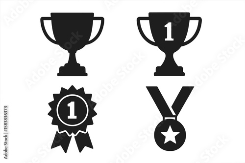 Award trophy icon set for first place winner. Victory prize and success symbol collection. Champion cup, winning medal and achievement reward silhouette vector graphic signs.