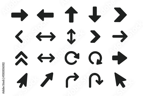 Arrow icon set collection. Black direction and navigation symbols. Cursors, refresh, next, previous, back signs for UI and web design. Simple flat modern vector element.