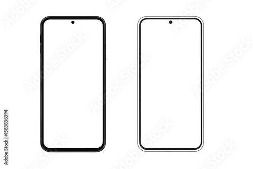 Smartphone mockup with blank white screen, front view mobile phone illustration, black and white realistic smartphone design, transparent PNG and vector for app and UI presentation