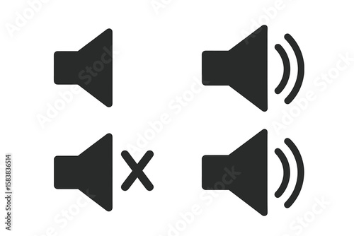Speaker Volume Icon Set. Audio Symbol Collection. Loudspeaker, Mute, Sound On, Sound Off, Volume Control, Notification Alert, Audio Settings. Isolated Vector Illustration. Transparent Background.