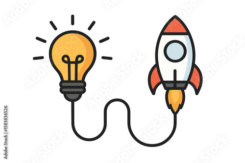 From idea to launch. Lightbulb connected to rocket. Business startup concept. Innovation, creativity, and project realization. Metaphor for a new business solution and development.