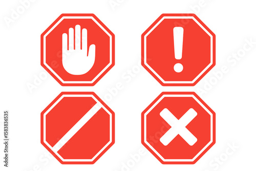 Red stop sign icon set. Vector collection of warning, prohibition, and error symbols. Hand, exclamation mark, cross, and no entry signs in octagonal shape. Flat design.