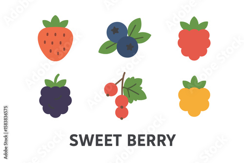 Sweet berry collection. Simple flat icons set of different berries. Strawberry, blueberry, raspberry, blackberry, redcurrant. Healthy food concept vector illustration.