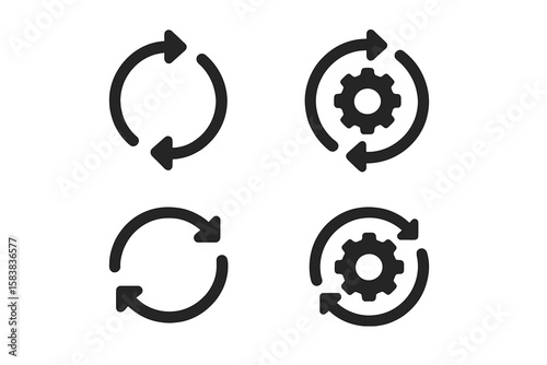Sync process icon set. Circle arrow with gear wheel for workflow automation. Reload, update, and system processing symbols. Vector illustration for web and app design.