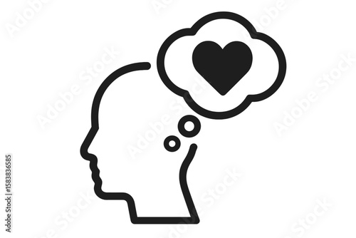 Human Head Silhouette Thinking of Love Icon. Heart in Thought Bubble. Emotional Intelligence, Mental Health, Mindfulness, Psychology Concept. Black Outline Vector Isolated on Transparent Background