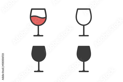 Wineglass icon set. Vector glass symbol. Red wine drink. Bar menu pictogram. Restaurant logo sign. Outline, solid glyph, and colored styles. Alcohol beverage illustration.