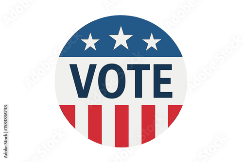 USA presidential election pin button for campaign. Vote icon symbol with American flag colors and stars. Patriotic political badge vector for promoting democracy and voting.